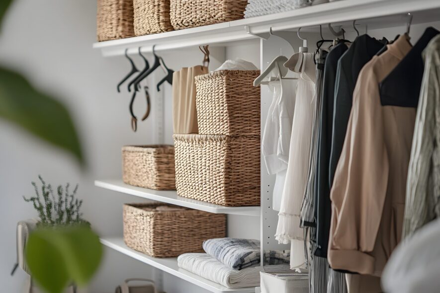 Organized closet with white shelves, woven baskets, and hanging clothes in neutral tones.